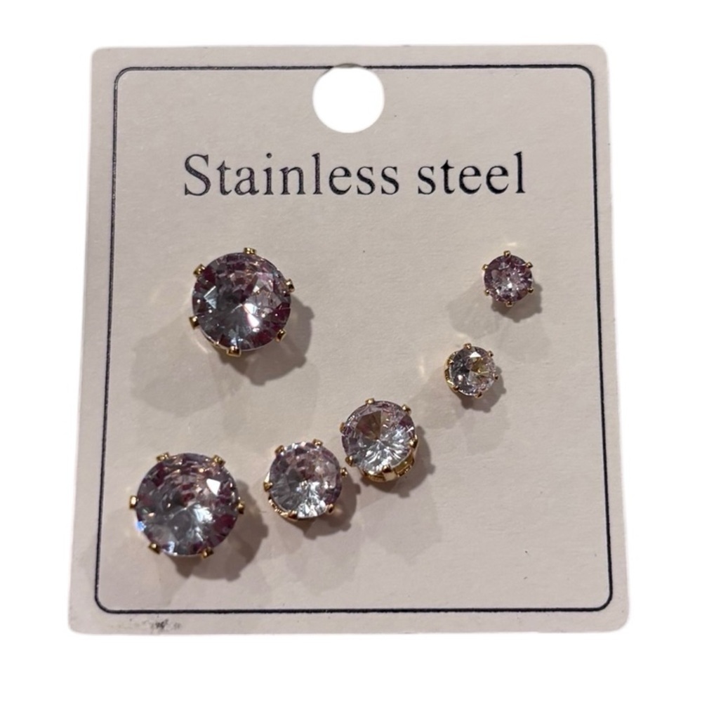 Stainless Steel Crystal Stud Earrings Set in Gold Tone.